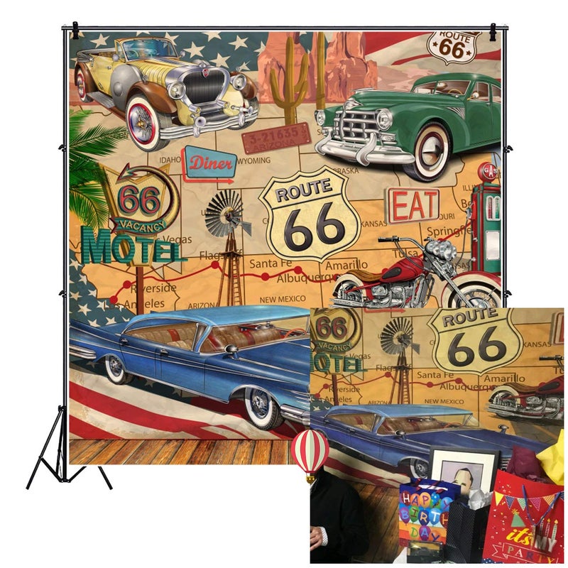 AOFOTO 6x6ft Vintage Car Route 66 Backdrop Retro Motel Motor Classic Cars Truck American Historic Road Sign Photography Background Comic Diner Route 66 Birthday Party Decorations Photo Studio Props - Image 1